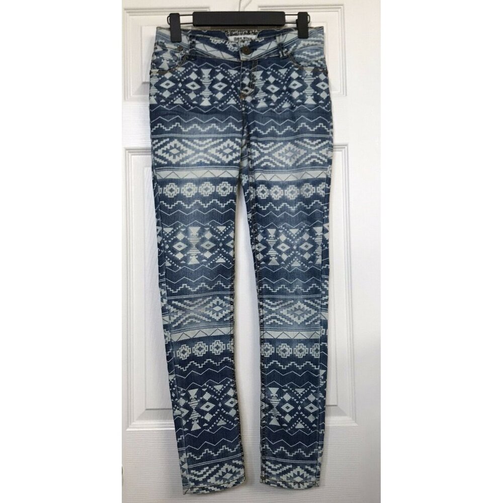 Hot Kiss Skinny Lily Blue White Aztec Pattern Jeans Size 1 Good Worn Condition - Picture 1 of 11